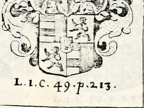 An illustration from Historia insignium illustrium sev Operis heraldici pars specialis : continens delineationem insignium plerorumque regum, ducum principum, comitum & baronum in cultiori Europa, cum explicatione singularum tesserarum, & multis ad familiarum decora titulos atque jura spectantibus, nec non tabulis aeneis scuta galeasq : in opere explicata obtutui exponentibus & indicibus necessariis, 1680, leaf 44