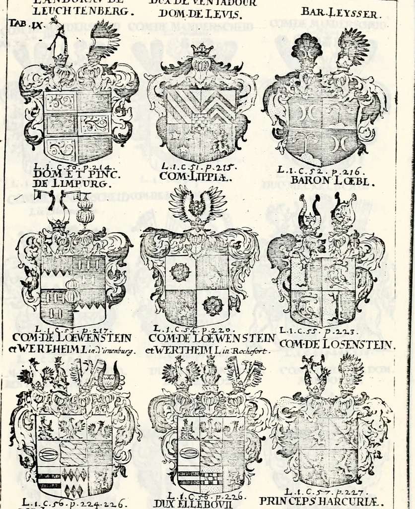 An illustration from Historia insignium illustrium sev Operis heraldici pars specialis : continens delineationem insignium plerorumque regum, ducum principum, comitum & baronum in cultiori Europa, cum explicatione singularum tesserarum, & multis ad familiarum decora titulos atque jura spectantibus, nec non tabulis aeneis scuta galeasq : in opere explicata obtutui exponentibus & indicibus necessariis, 1680, leaf 46