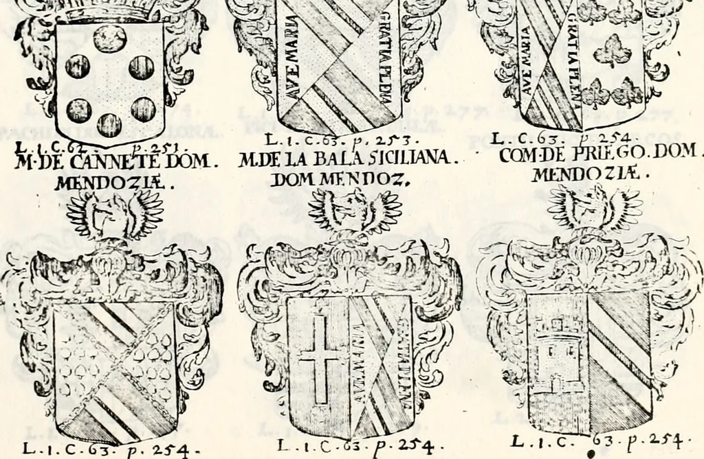 An illustration from Historia insignium illustrium sev Operis heraldici pars specialis : continens delineationem insignium plerorumque regum, ducum principum, comitum & baronum in cultiori Europa, cum explicatione singularum tesserarum, & multis ad familiarum decora titulos atque jura spectantibus, nec non tabulis aeneis scuta galeasq : in opere explicata obtutui exponentibus & indicibus necessariis, 1680, leaf 48