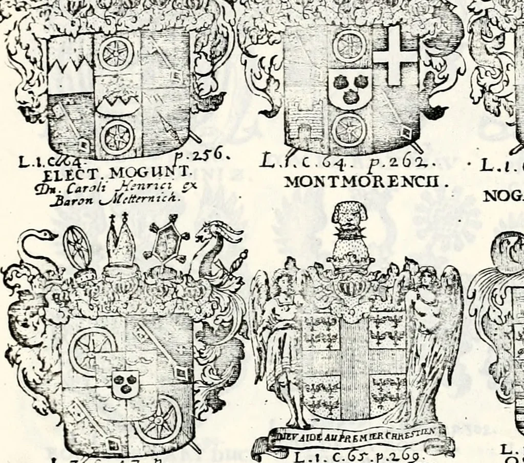 An illustration from Historia insignium illustrium sev Operis heraldici pars specialis : continens delineationem insignium plerorumque regum, ducum principum, comitum & baronum in cultiori Europa, cum explicatione singularum tesserarum, & multis ad familiarum decora titulos atque jura spectantibus, nec non tabulis aeneis scuta galeasq : in opere explicata obtutui exponentibus & indicibus necessariis, 1680, leaf 50