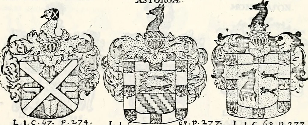 An illustration from Historia insignium illustrium sev Operis heraldici pars specialis : continens delineationem insignium plerorumque regum, ducum principum, comitum & baronum in cultiori Europa, cum explicatione singularum tesserarum, & multis ad familiarum decora titulos atque jura spectantibus, nec non tabulis aeneis scuta galeasq : in opere explicata obtutui exponentibus & indicibus necessariis, 1680, leaf 50