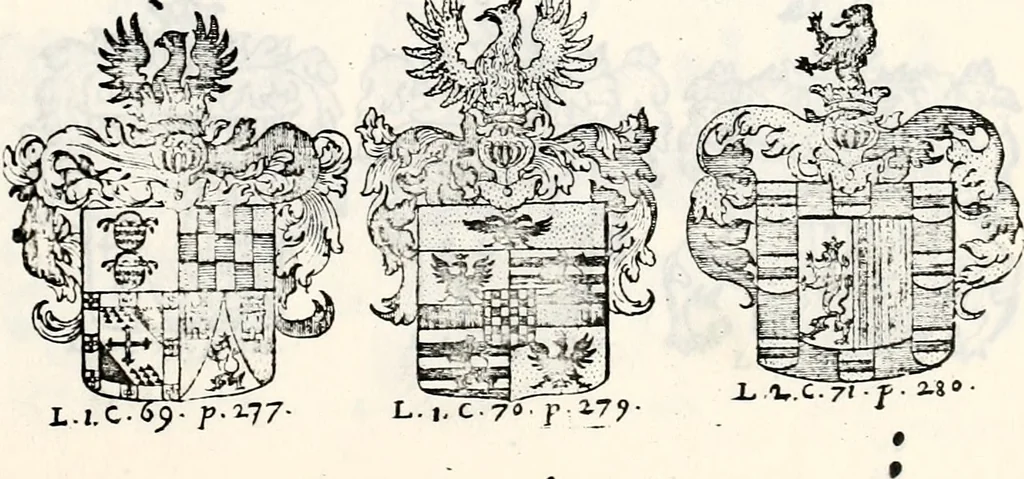 An illustration from Historia insignium illustrium sev Operis heraldici pars specialis : continens delineationem insignium plerorumque regum, ducum principum, comitum & baronum in cultiori Europa, cum explicatione singularum tesserarum, & multis ad familiarum decora titulos atque jura spectantibus, nec non tabulis aeneis scuta galeasq : in opere explicata obtutui exponentibus & indicibus necessariis, 1680, leaf 50