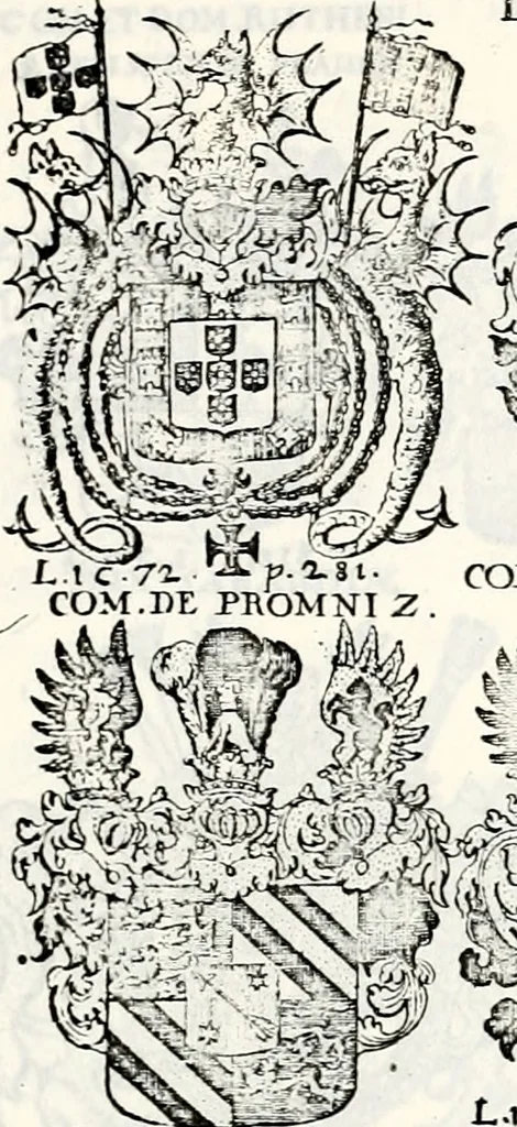 An illustration from Historia insignium illustrium sev Operis heraldici pars specialis : continens delineationem insignium plerorumque regum, ducum principum, comitum & baronum in cultiori Europa, cum explicatione singularum tesserarum, & multis ad familiarum decora titulos atque jura spectantibus, nec non tabulis aeneis scuta galeasq : in opere explicata obtutui exponentibus & indicibus necessariis, 1680, leaf 52