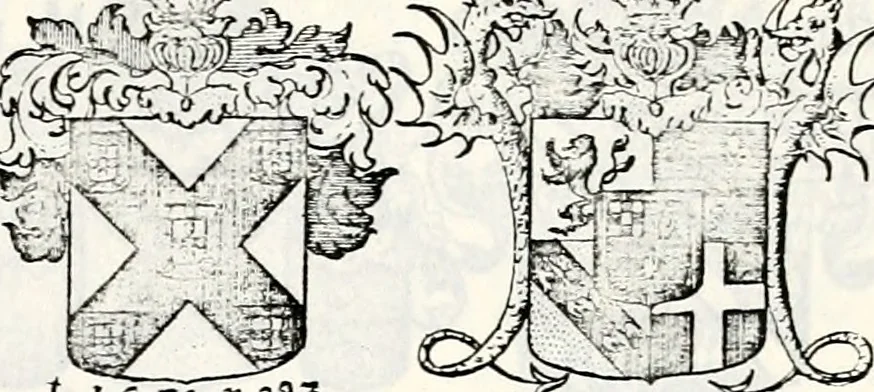 An illustration from Historia insignium illustrium sev Operis heraldici pars specialis : continens delineationem insignium plerorumque regum, ducum principum, comitum & baronum in cultiori Europa, cum explicatione singularum tesserarum, & multis ad familiarum decora titulos atque jura spectantibus, nec non tabulis aeneis scuta galeasq : in opere explicata obtutui exponentibus & indicibus necessariis, 1680, leaf 52