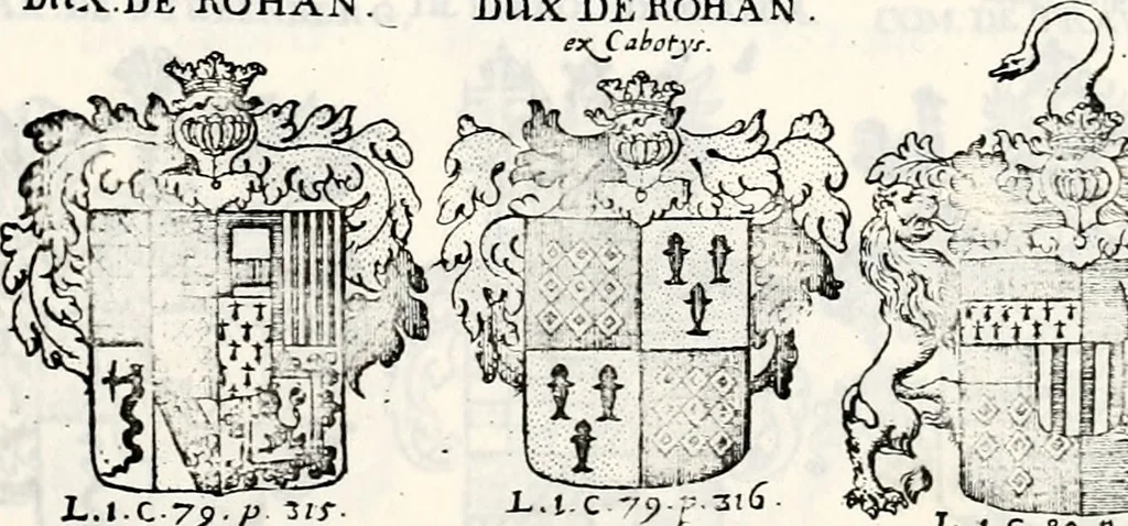 An illustration from Historia insignium illustrium sev Operis heraldici pars specialis : continens delineationem insignium plerorumque regum, ducum principum, comitum & baronum in cultiori Europa, cum explicatione singularum tesserarum, & multis ad familiarum decora titulos atque jura spectantibus, nec non tabulis aeneis scuta galeasq : in opere explicata obtutui exponentibus & indicibus necessariis, 1680, leaf 52