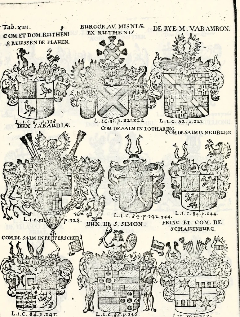 An illustration from Historia insignium illustrium sev Operis heraldici pars specialis : continens delineationem insignium plerorumque regum, ducum principum, comitum & baronum in cultiori Europa, cum explicatione singularum tesserarum, & multis ad familiarum decora titulos atque jura spectantibus, nec non tabulis aeneis scuta galeasq : in opere explicata obtutui exponentibus & indicibus necessariis, 1680, leaf 54