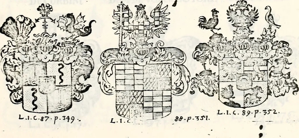 An illustration from Historia insignium illustrium sev Operis heraldici pars specialis : continens delineationem insignium plerorumque regum, ducum principum, comitum & baronum in cultiori Europa, cum explicatione singularum tesserarum, & multis ad familiarum decora titulos atque jura spectantibus, nec non tabulis aeneis scuta galeasq : in opere explicata obtutui exponentibus & indicibus necessariis, 1680, leaf 54
