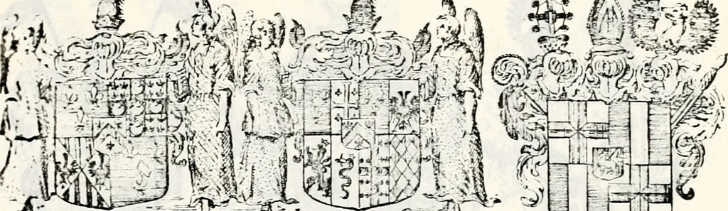 An illustration from Historia insignium illustrium sev Operis heraldici pars specialis : continens delineationem insignium plerorumque regum, ducum principum, comitum & baronum in cultiori Europa, cum explicatione singularum tesserarum, & multis ad familiarum decora titulos atque jura spectantibus, nec non tabulis aeneis scuta galeasq : in opere explicata obtutui exponentibus & indicibus necessariis, 1680, leaf 56