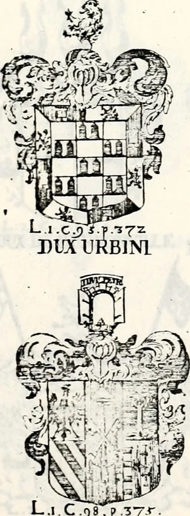 An illustration from Historia insignium illustrium sev Operis heraldici pars specialis : continens delineationem insignium plerorumque regum, ducum principum, comitum & baronum in cultiori Europa, cum explicatione singularum tesserarum, & multis ad familiarum decora titulos atque jura spectantibus, nec non tabulis aeneis scuta galeasq : in opere explicata obtutui exponentibus & indicibus necessariis, 1680, leaf 56