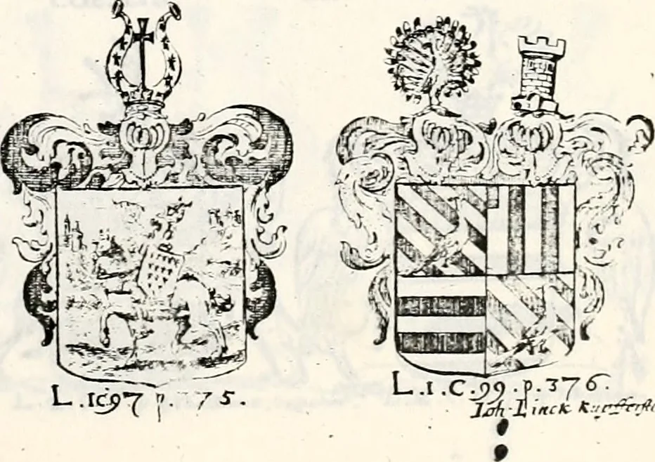 An illustration from Historia insignium illustrium sev Operis heraldici pars specialis : continens delineationem insignium plerorumque regum, ducum principum, comitum & baronum in cultiori Europa, cum explicatione singularum tesserarum, & multis ad familiarum decora titulos atque jura spectantibus, nec non tabulis aeneis scuta galeasq : in opere explicata obtutui exponentibus & indicibus necessariis, 1680, leaf 56