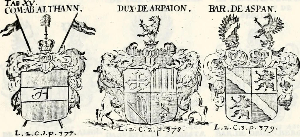 An illustration from Historia insignium illustrium sev Operis heraldici pars specialis : continens delineationem insignium plerorumque regum, ducum principum, comitum & baronum in cultiori Europa, cum explicatione singularum tesserarum, & multis ad familiarum decora titulos atque jura spectantibus, nec non tabulis aeneis scuta galeasq : in opere explicata obtutui exponentibus & indicibus necessariis, 1680, leaf 58