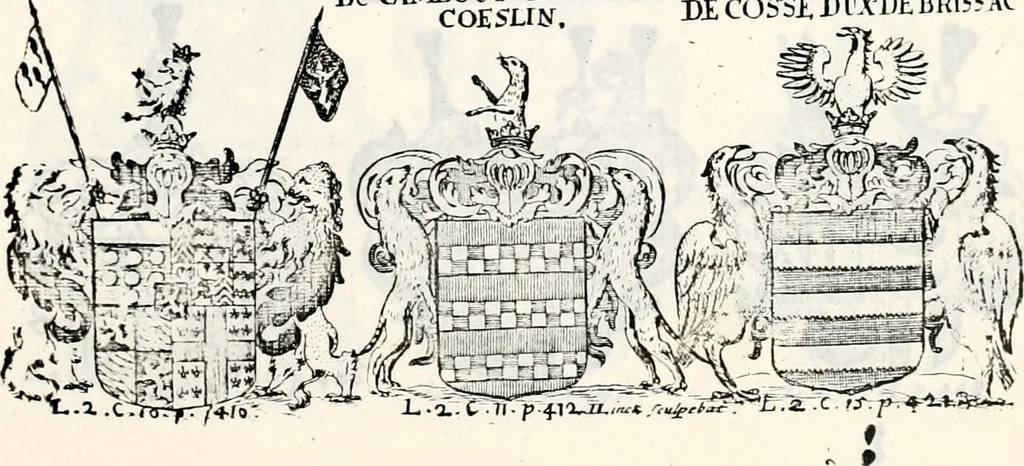 An illustration from Historia insignium illustrium sev Operis heraldici pars specialis : continens delineationem insignium plerorumque regum, ducum principum, comitum & baronum in cultiori Europa, cum explicatione singularum tesserarum, & multis ad familiarum decora titulos atque jura spectantibus, nec non tabulis aeneis scuta galeasq : in opere explicata obtutui exponentibus & indicibus necessariis, 1680, leaf 58