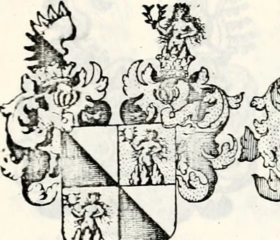 An illustration from Historia insignium illustrium sev Operis heraldici pars specialis : continens delineationem insignium plerorumque regum, ducum principum, comitum & baronum in cultiori Europa, cum explicatione singularum tesserarum, & multis ad familiarum decora titulos atque jura spectantibus, nec non tabulis aeneis scuta galeasq : in opere explicata obtutui exponentibus & indicibus necessariis, 1680, leaf 60