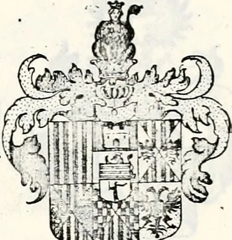 An illustration from Historia insignium illustrium sev Operis heraldici pars specialis : continens delineationem insignium plerorumque regum, ducum principum, comitum & baronum in cultiori Europa, cum explicatione singularum tesserarum, & multis ad familiarum decora titulos atque jura spectantibus, nec non tabulis aeneis scuta galeasq : in opere explicata obtutui exponentibus & indicibus necessariis, 1680, leaf 60