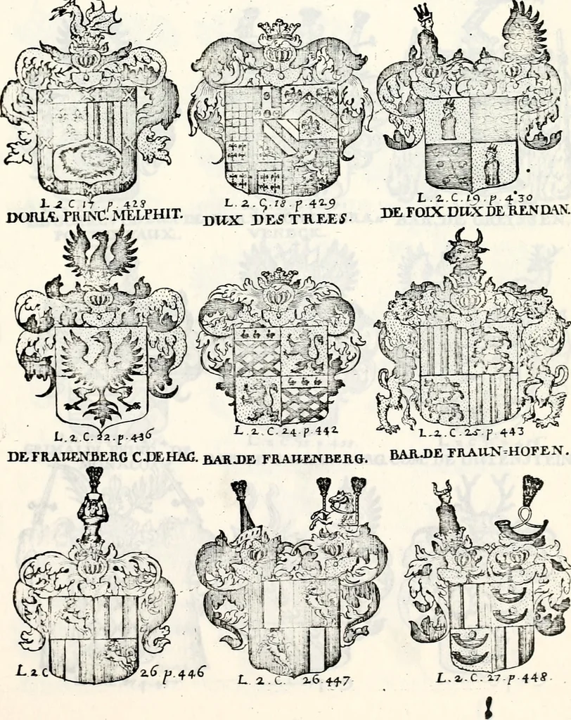 An illustration from Historia insignium illustrium sev Operis heraldici pars specialis : continens delineationem insignium plerorumque regum, ducum principum, comitum & baronum in cultiori Europa, cum explicatione singularum tesserarum, & multis ad familiarum decora titulos atque jura spectantibus, nec non tabulis aeneis scuta galeasq : in opere explicata obtutui exponentibus & indicibus necessariis, 1680, leaf 60
