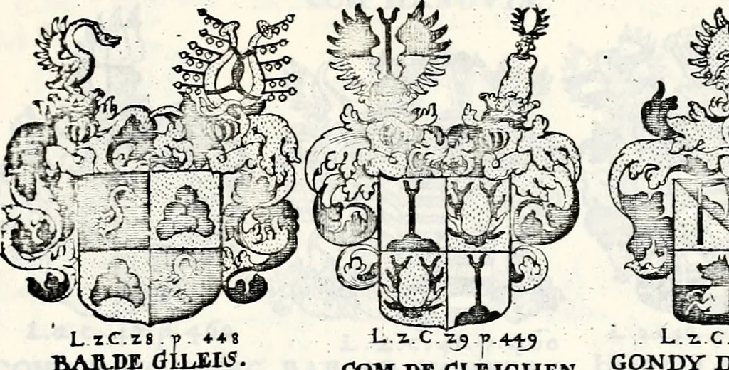 An illustration from Historia insignium illustrium sev Operis heraldici pars specialis : continens delineationem insignium plerorumque regum, ducum principum, comitum & baronum in cultiori Europa, cum explicatione singularum tesserarum, & multis ad familiarum decora titulos atque jura spectantibus, nec non tabulis aeneis scuta galeasq : in opere explicata obtutui exponentibus & indicibus necessariis, 1680, leaf 62