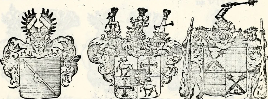 An illustration from Historia insignium illustrium sev Operis heraldici pars specialis : continens delineationem insignium plerorumque regum, ducum principum, comitum & baronum in cultiori Europa, cum explicatione singularum tesserarum, & multis ad familiarum decora titulos atque jura spectantibus, nec non tabulis aeneis scuta galeasq : in opere explicata obtutui exponentibus & indicibus necessariis, 1680, leaf 62