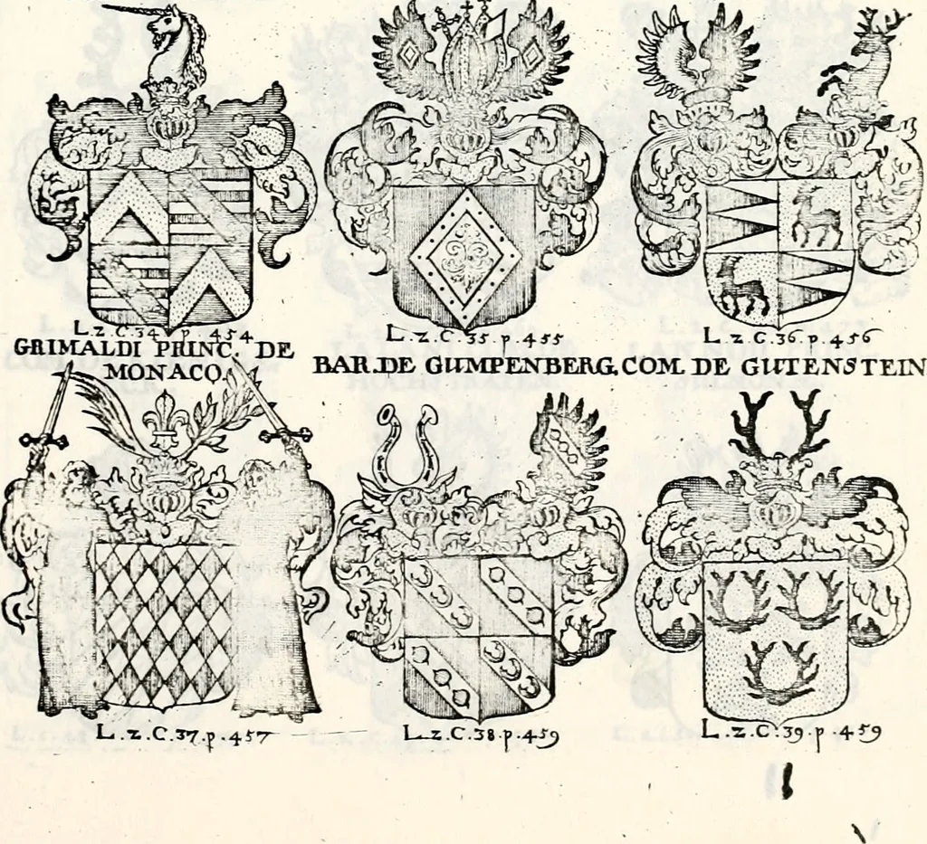 An illustration from Historia insignium illustrium sev Operis heraldici pars specialis : continens delineationem insignium plerorumque regum, ducum principum, comitum & baronum in cultiori Europa, cum explicatione singularum tesserarum, & multis ad familiarum decora titulos atque jura spectantibus, nec non tabulis aeneis scuta galeasq : in opere explicata obtutui exponentibus & indicibus necessariis, 1680, leaf 62