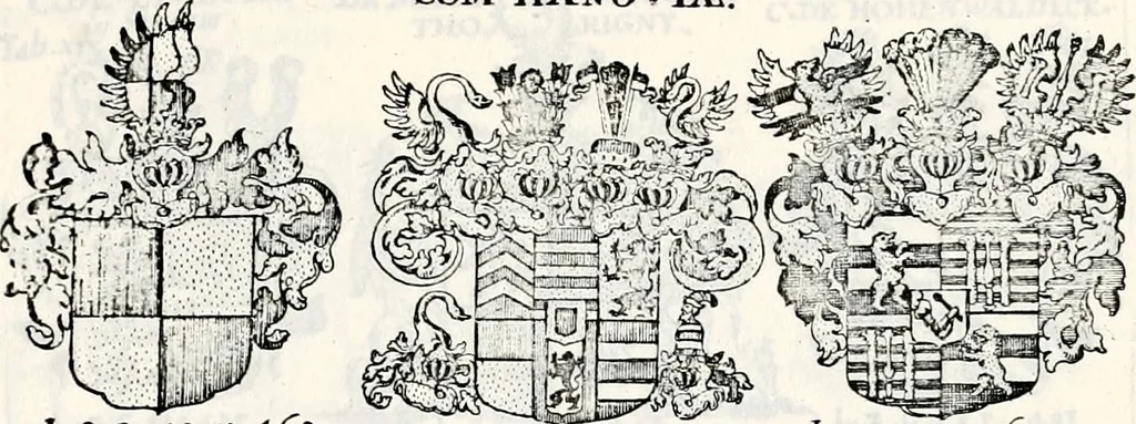 An illustration from Historia insignium illustrium sev Operis heraldici pars specialis : continens delineationem insignium plerorumque regum, ducum principum, comitum & baronum in cultiori Europa, cum explicatione singularum tesserarum, & multis ad familiarum decora titulos atque jura spectantibus, nec non tabulis aeneis scuta galeasq : in opere explicata obtutui exponentibus & indicibus necessariis, 1680, leaf 64