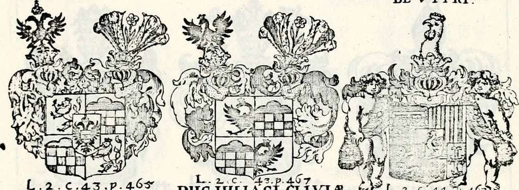 An illustration from Historia insignium illustrium sev Operis heraldici pars specialis : continens delineationem insignium plerorumque regum, ducum principum, comitum & baronum in cultiori Europa, cum explicatione singularum tesserarum, & multis ad familiarum decora titulos atque jura spectantibus, nec non tabulis aeneis scuta galeasq : in opere explicata obtutui exponentibus & indicibus necessariis, 1680, leaf 64