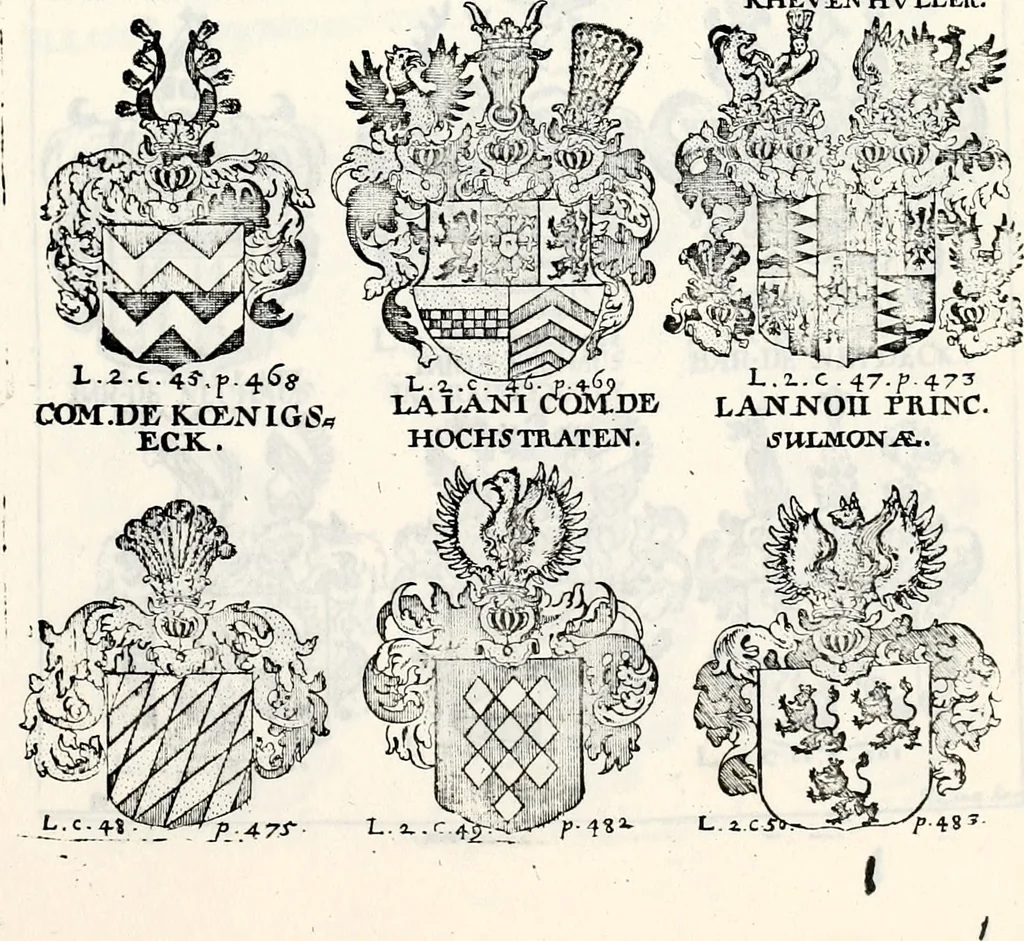 An illustration from Historia insignium illustrium sev Operis heraldici pars specialis : continens delineationem insignium plerorumque regum, ducum principum, comitum & baronum in cultiori Europa, cum explicatione singularum tesserarum, & multis ad familiarum decora titulos atque jura spectantibus, nec non tabulis aeneis scuta galeasq : in opere explicata obtutui exponentibus & indicibus necessariis, 1680, leaf 64
