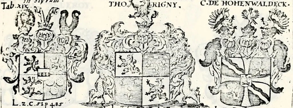 An illustration from Historia insignium illustrium sev Operis heraldici pars specialis : continens delineationem insignium plerorumque regum, ducum principum, comitum & baronum in cultiori Europa, cum explicatione singularum tesserarum, & multis ad familiarum decora titulos atque jura spectantibus, nec non tabulis aeneis scuta galeasq : in opere explicata obtutui exponentibus & indicibus necessariis, 1680, leaf 66
