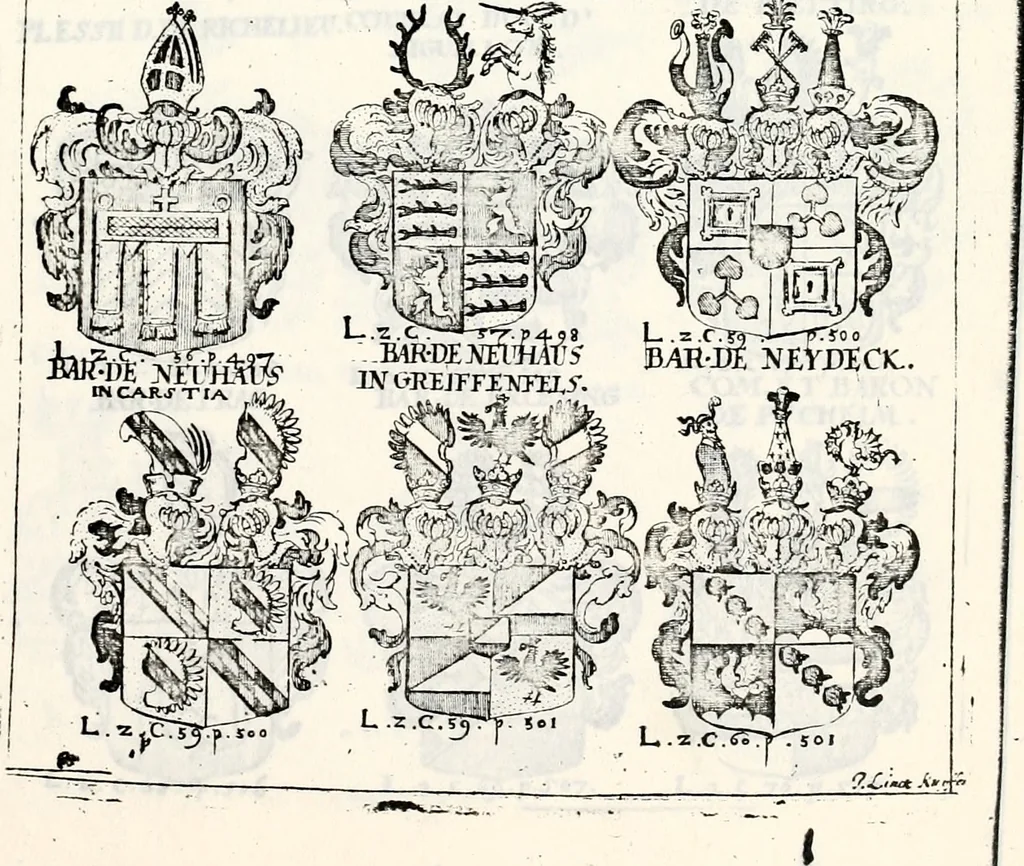 An illustration from Historia insignium illustrium sev Operis heraldici pars specialis : continens delineationem insignium plerorumque regum, ducum principum, comitum & baronum in cultiori Europa, cum explicatione singularum tesserarum, & multis ad familiarum decora titulos atque jura spectantibus, nec non tabulis aeneis scuta galeasq : in opere explicata obtutui exponentibus & indicibus necessariis, 1680, leaf 66