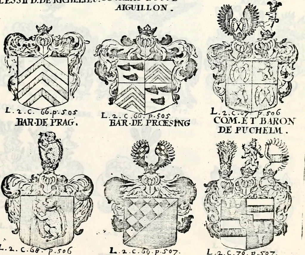 An illustration from Historia insignium illustrium sev Operis heraldici pars specialis : continens delineationem insignium plerorumque regum, ducum principum, comitum & baronum in cultiori Europa, cum explicatione singularum tesserarum, & multis ad familiarum decora titulos atque jura spectantibus, nec non tabulis aeneis scuta galeasq : in opere explicata obtutui exponentibus & indicibus necessariis, 1680, leaf 68