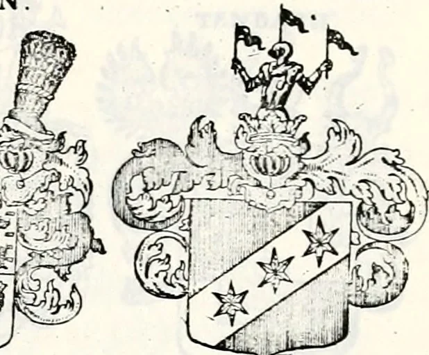 An illustration from Historia insignium illustrium sev Operis heraldici pars specialis : continens delineationem insignium plerorumque regum, ducum principum, comitum & baronum in cultiori Europa, cum explicatione singularum tesserarum, & multis ad familiarum decora titulos atque jura spectantibus, nec non tabulis aeneis scuta galeasq : in opere explicata obtutui exponentibus & indicibus necessariis, 1680, leaf 70