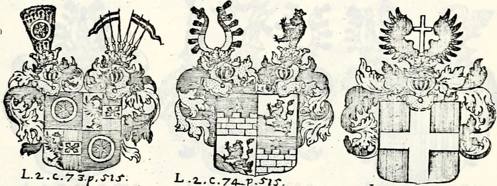 An illustration from Historia insignium illustrium sev Operis heraldici pars specialis : continens delineationem insignium plerorumque regum, ducum principum, comitum & baronum in cultiori Europa, cum explicatione singularum tesserarum, & multis ad familiarum decora titulos atque jura spectantibus, nec non tabulis aeneis scuta galeasq : in opere explicata obtutui exponentibus & indicibus necessariis, 1680, leaf 70
