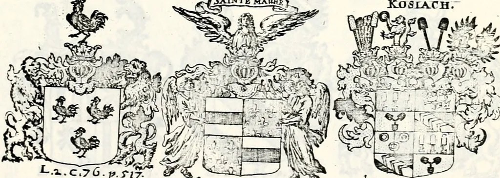 An illustration from Historia insignium illustrium sev Operis heraldici pars specialis : continens delineationem insignium plerorumque regum, ducum principum, comitum & baronum in cultiori Europa, cum explicatione singularum tesserarum, & multis ad familiarum decora titulos atque jura spectantibus, nec non tabulis aeneis scuta galeasq : in opere explicata obtutui exponentibus & indicibus necessariis, 1680, leaf 70