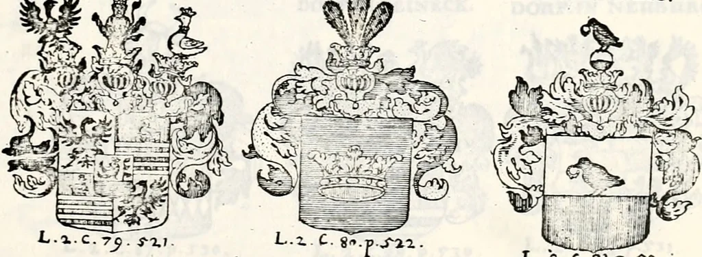 An illustration from Historia insignium illustrium sev Operis heraldici pars specialis : continens delineationem insignium plerorumque regum, ducum principum, comitum & baronum in cultiori Europa, cum explicatione singularum tesserarum, & multis ad familiarum decora titulos atque jura spectantibus, nec non tabulis aeneis scuta galeasq : in opere explicata obtutui exponentibus & indicibus necessariis, 1680, leaf 70