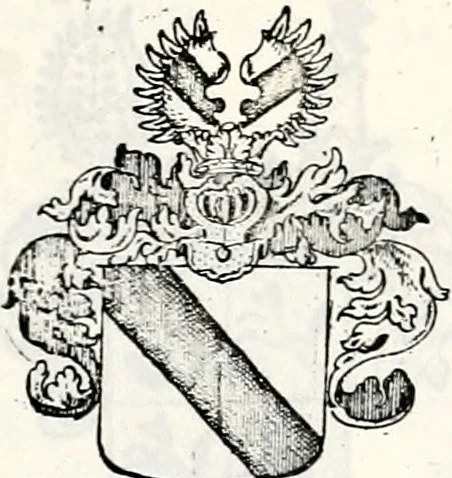 An illustration from Historia insignium illustrium sev Operis heraldici pars specialis : continens delineationem insignium plerorumque regum, ducum principum, comitum & baronum in cultiori Europa, cum explicatione singularum tesserarum, & multis ad familiarum decora titulos atque jura spectantibus, nec non tabulis aeneis scuta galeasq : in opere explicata obtutui exponentibus & indicibus necessariis, 1680, leaf 70