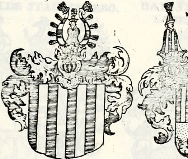 An illustration from Historia insignium illustrium sev Operis heraldici pars specialis : continens delineationem insignium plerorumque regum, ducum principum, comitum & baronum in cultiori Europa, cum explicatione singularum tesserarum, & multis ad familiarum decora titulos atque jura spectantibus, nec non tabulis aeneis scuta galeasq : in opere explicata obtutui exponentibus & indicibus necessariis, 1680, leaf 72