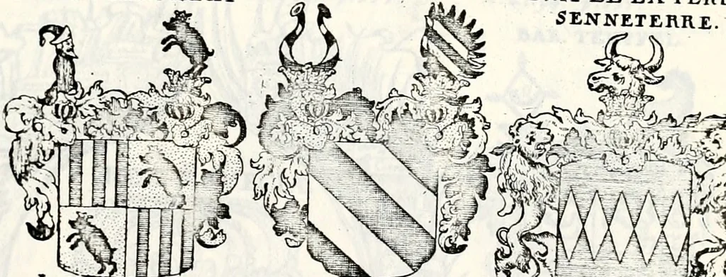 An illustration from Historia insignium illustrium sev Operis heraldici pars specialis : continens delineationem insignium plerorumque regum, ducum principum, comitum & baronum in cultiori Europa, cum explicatione singularum tesserarum, & multis ad familiarum decora titulos atque jura spectantibus, nec non tabulis aeneis scuta galeasq : in opere explicata obtutui exponentibus & indicibus necessariis, 1680, leaf 72
