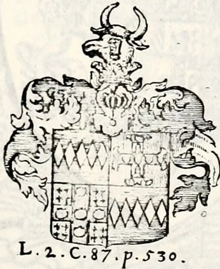 An illustration from Historia insignium illustrium sev Operis heraldici pars specialis : continens delineationem insignium plerorumque regum, ducum principum, comitum & baronum in cultiori Europa, cum explicatione singularum tesserarum, & multis ad familiarum decora titulos atque jura spectantibus, nec non tabulis aeneis scuta galeasq : in opere explicata obtutui exponentibus & indicibus necessariis, 1680, leaf 72