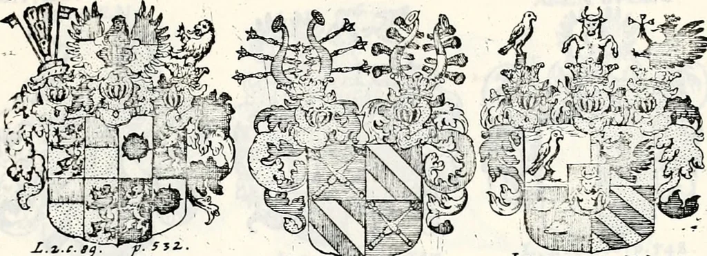An illustration from Historia insignium illustrium sev Operis heraldici pars specialis : continens delineationem insignium plerorumque regum, ducum principum, comitum & baronum in cultiori Europa, cum explicatione singularum tesserarum, & multis ad familiarum decora titulos atque jura spectantibus, nec non tabulis aeneis scuta galeasq : in opere explicata obtutui exponentibus & indicibus necessariis, 1680, leaf 74