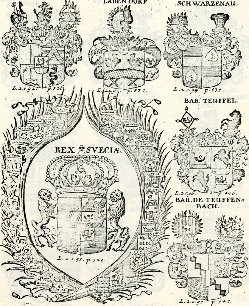 An illustration from Historia insignium illustrium sev Operis heraldici pars specialis : continens delineationem insignium plerorumque regum, ducum principum, comitum & baronum in cultiori Europa, cum explicatione singularum tesserarum, & multis ad familiarum decora titulos atque jura spectantibus, nec non tabulis aeneis scuta galeasq : in opere explicata obtutui exponentibus & indicibus necessariis, 1680, leaf 74