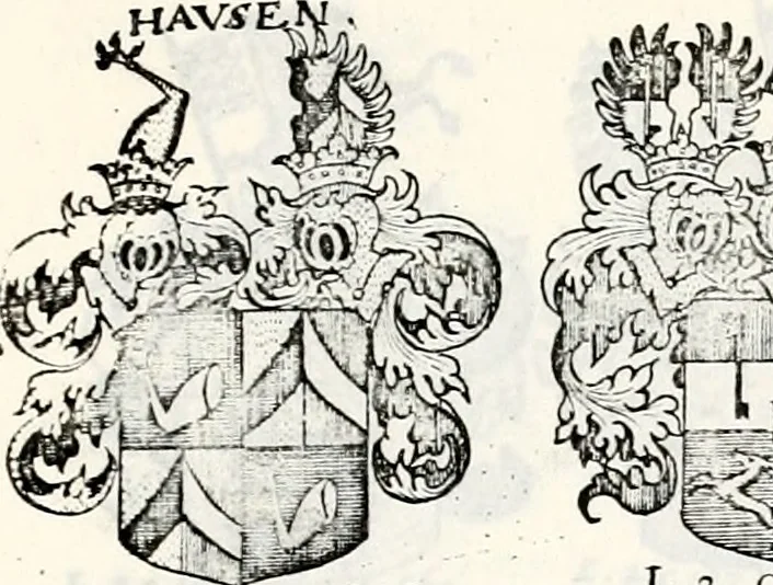 An illustration from Historia insignium illustrium sev Operis heraldici pars specialis : continens delineationem insignium plerorumque regum, ducum principum, comitum & baronum in cultiori Europa, cum explicatione singularum tesserarum, & multis ad familiarum decora titulos atque jura spectantibus, nec non tabulis aeneis scuta galeasq : in opere explicata obtutui exponentibus & indicibus necessariis, 1680, leaf 76