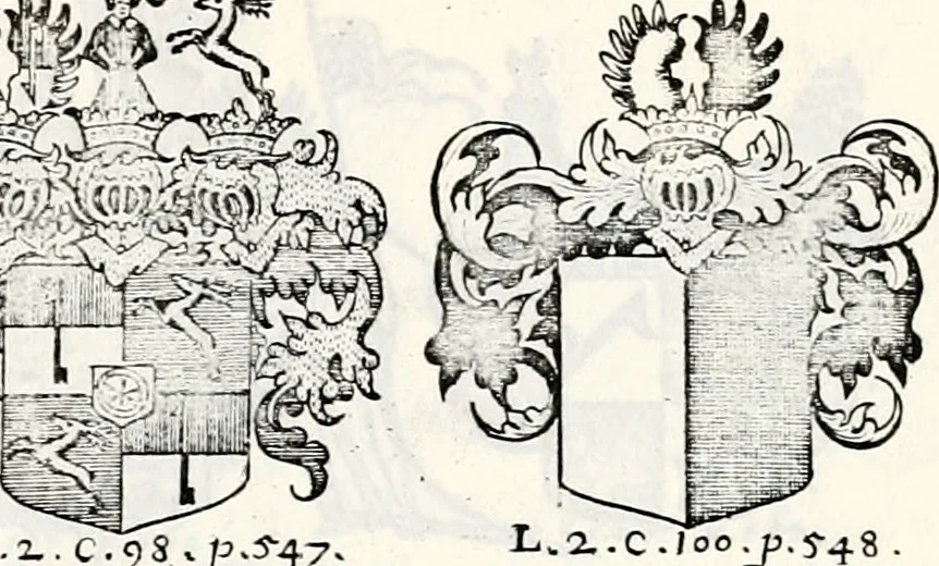 An illustration from Historia insignium illustrium sev Operis heraldici pars specialis : continens delineationem insignium plerorumque regum, ducum principum, comitum & baronum in cultiori Europa, cum explicatione singularum tesserarum, & multis ad familiarum decora titulos atque jura spectantibus, nec non tabulis aeneis scuta galeasq : in opere explicata obtutui exponentibus & indicibus necessariis, 1680, leaf 76