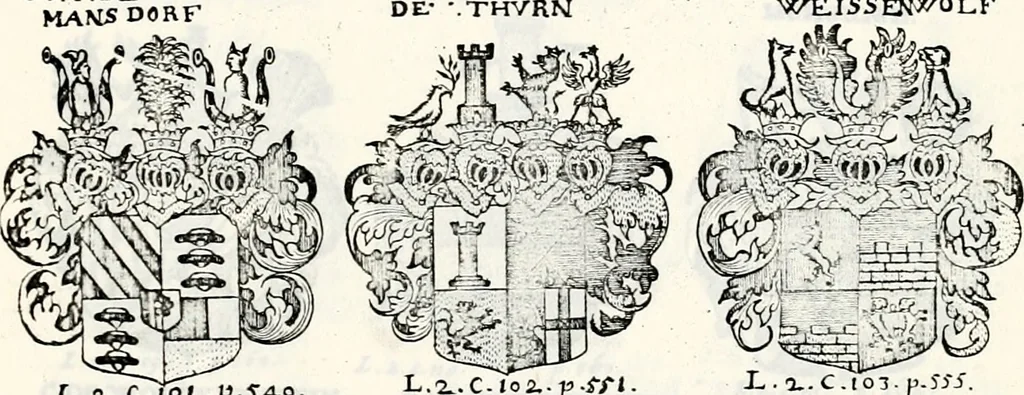 An illustration from Historia insignium illustrium sev Operis heraldici pars specialis : continens delineationem insignium plerorumque regum, ducum principum, comitum & baronum in cultiori Europa, cum explicatione singularum tesserarum, & multis ad familiarum decora titulos atque jura spectantibus, nec non tabulis aeneis scuta galeasq : in opere explicata obtutui exponentibus & indicibus necessariis, 1680, leaf 76