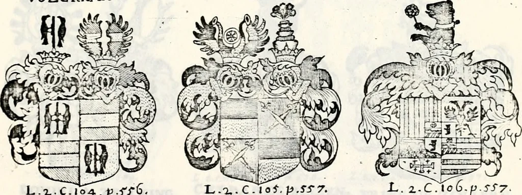 An illustration from Historia insignium illustrium sev Operis heraldici pars specialis : continens delineationem insignium plerorumque regum, ducum principum, comitum & baronum in cultiori Europa, cum explicatione singularum tesserarum, & multis ad familiarum decora titulos atque jura spectantibus, nec non tabulis aeneis scuta galeasq : in opere explicata obtutui exponentibus & indicibus necessariis, 1680, leaf 76