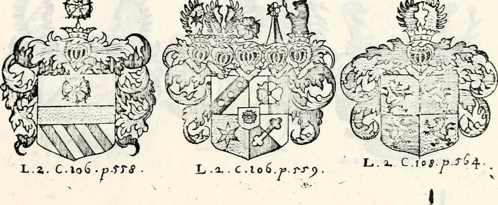 An illustration from Historia insignium illustrium sev Operis heraldici pars specialis : continens delineationem insignium plerorumque regum, ducum principum, comitum & baronum in cultiori Europa, cum explicatione singularum tesserarum, & multis ad familiarum decora titulos atque jura spectantibus, nec non tabulis aeneis scuta galeasq : in opere explicata obtutui exponentibus & indicibus necessariis, 1680, leaf 76