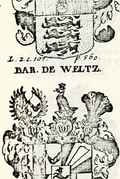 An illustration from Historia insignium illustrium sev Operis heraldici pars specialis : continens delineationem insignium plerorumque regum, ducum principum, comitum & baronum in cultiori Europa, cum explicatione singularum tesserarum, & multis ad familiarum decora titulos atque jura spectantibus, nec non tabulis aeneis scuta galeasq : in opere explicata obtutui exponentibus & indicibus necessariis, 1680, leaf 78