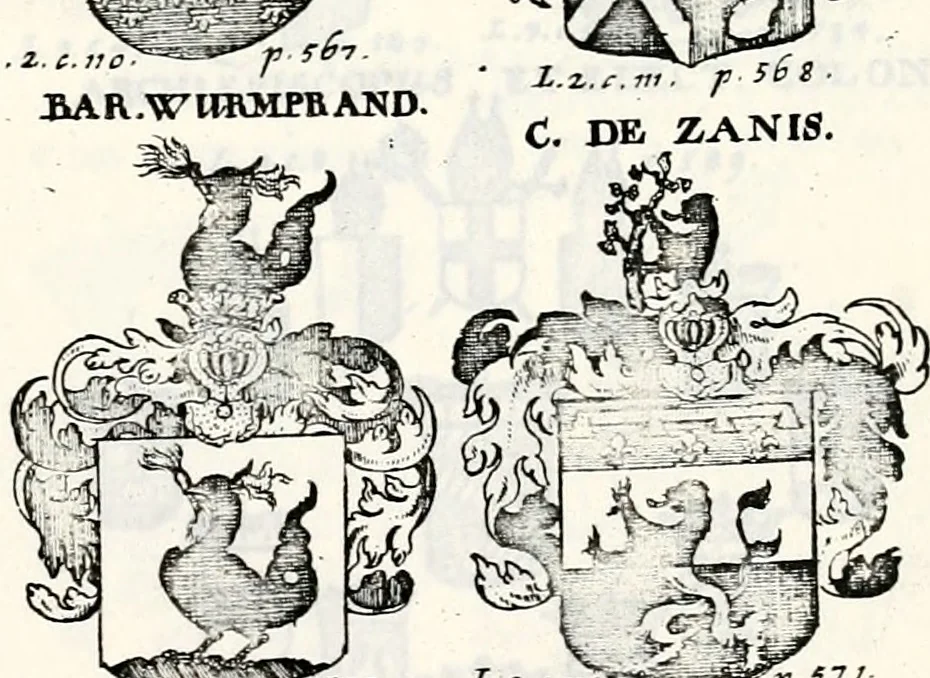 An illustration from Historia insignium illustrium sev Operis heraldici pars specialis : continens delineationem insignium plerorumque regum, ducum principum, comitum & baronum in cultiori Europa, cum explicatione singularum tesserarum, & multis ad familiarum decora titulos atque jura spectantibus, nec non tabulis aeneis scuta galeasq : in opere explicata obtutui exponentibus & indicibus necessariis, 1680, leaf 78