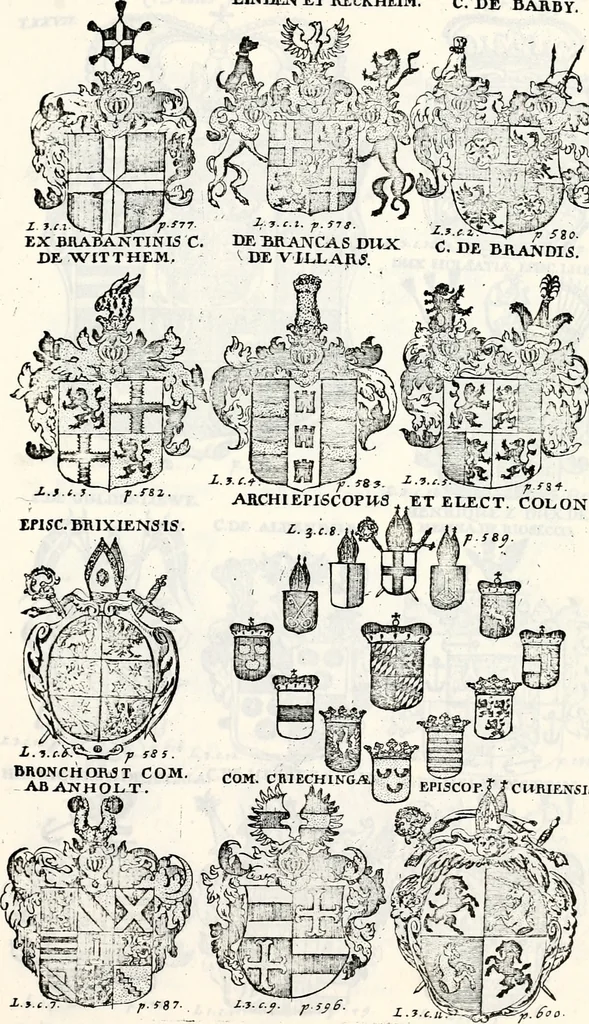 An illustration from Historia insignium illustrium sev Operis heraldici pars specialis : continens delineationem insignium plerorumque regum, ducum principum, comitum & baronum in cultiori Europa, cum explicatione singularum tesserarum, & multis ad familiarum decora titulos atque jura spectantibus, nec non tabulis aeneis scuta galeasq : in opere explicata obtutui exponentibus & indicibus necessariis, 1680, leaf 80