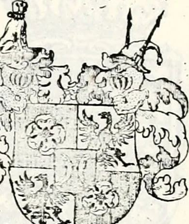An illustration from Historia insignium illustrium sev Operis heraldici pars specialis : continens delineationem insignium plerorumque regum, ducum principum, comitum & baronum in cultiori Europa, cum explicatione singularum tesserarum, & multis ad familiarum decora titulos atque jura spectantibus, nec non tabulis aeneis scuta galeasq : in opere explicata obtutui exponentibus & indicibus necessariis, 1680, leaf 80