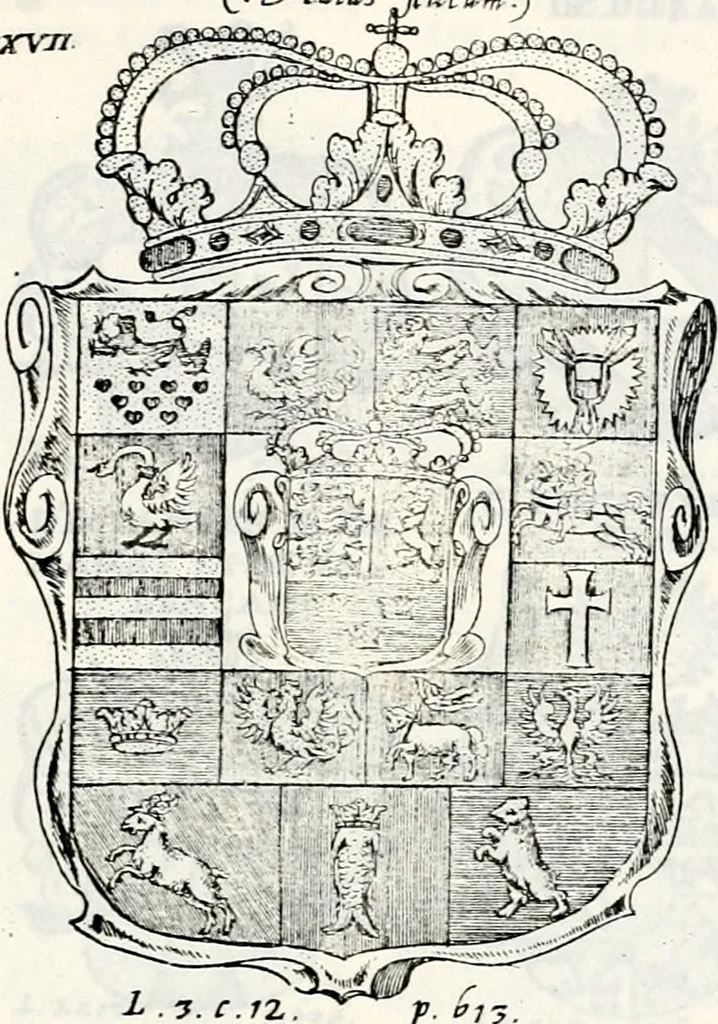 An illustration from Historia insignium illustrium sev Operis heraldici pars specialis : continens delineationem insignium plerorumque regum, ducum principum, comitum & baronum in cultiori Europa, cum explicatione singularum tesserarum, & multis ad familiarum decora titulos atque jura spectantibus, nec non tabulis aeneis scuta galeasq : in opere explicata obtutui exponentibus & indicibus necessariis, 1680, leaf 82