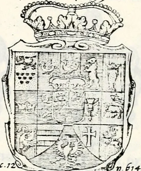 An illustration from Historia insignium illustrium sev Operis heraldici pars specialis : continens delineationem insignium plerorumque regum, ducum principum, comitum & baronum in cultiori Europa, cum explicatione singularum tesserarum, & multis ad familiarum decora titulos atque jura spectantibus, nec non tabulis aeneis scuta galeasq : in opere explicata obtutui exponentibus & indicibus necessariis, 1680, leaf 82
