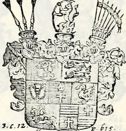 An illustration from Historia insignium illustrium sev Operis heraldici pars specialis : continens delineationem insignium plerorumque regum, ducum principum, comitum & baronum in cultiori Europa, cum explicatione singularum tesserarum, & multis ad familiarum decora titulos atque jura spectantibus, nec non tabulis aeneis scuta galeasq : in opere explicata obtutui exponentibus & indicibus necessariis, 1680, leaf 82